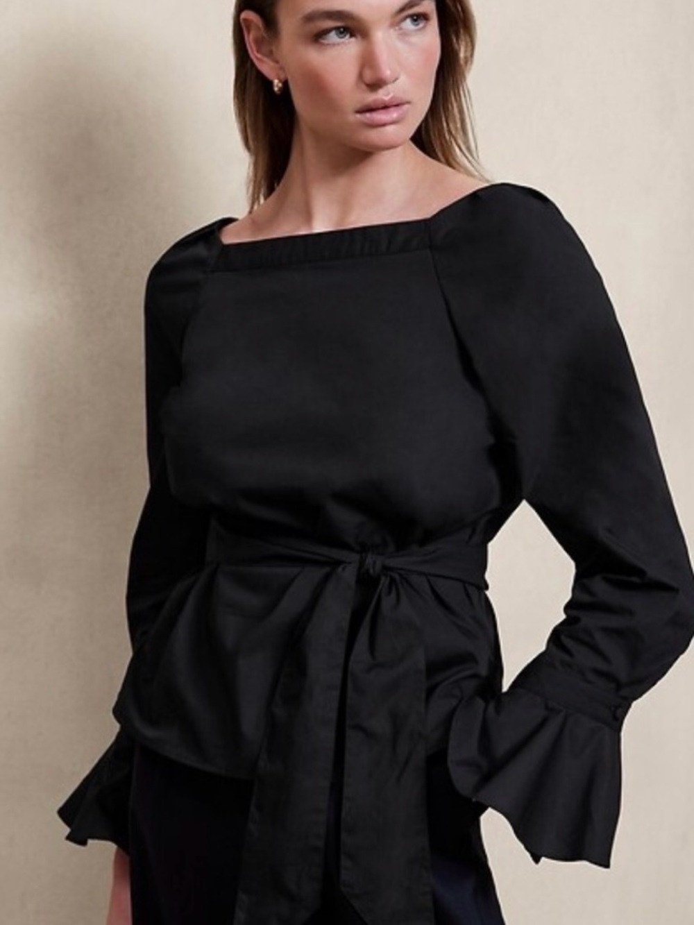Banana Republic Flutter-Cuff Black Square-Neck Tie-Waist Long-Sleeve Top